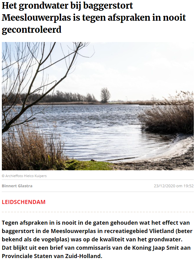 Nieuwsbericht 23 december 2020 op Leidsch Dagblad over Het grondwater bij baggerstort Meeslouwerplas is tegen afspraken in nooit gecontroleerd (1)