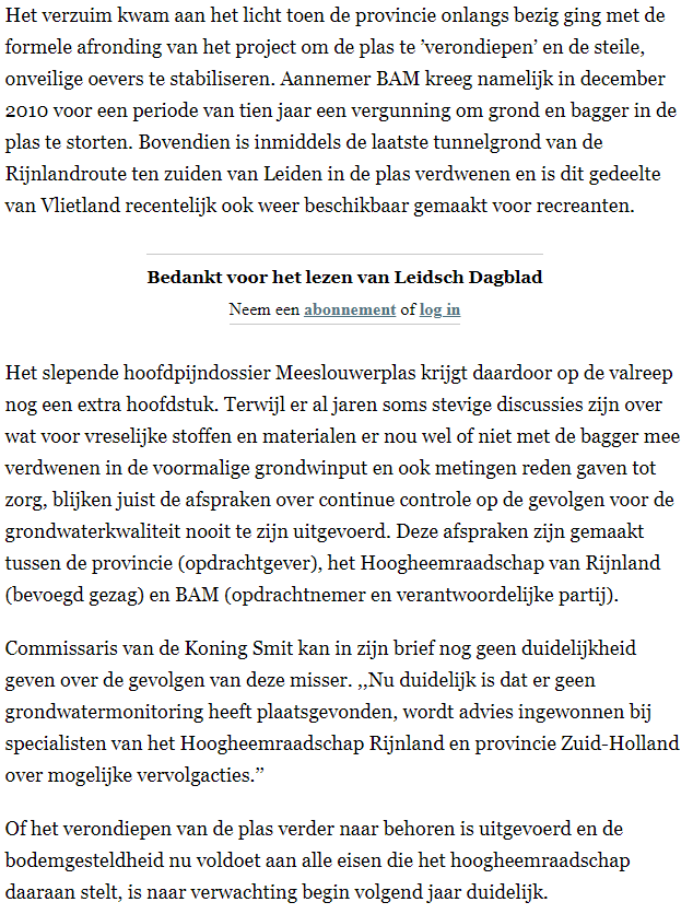 Nieuwsbericht 23 december 2020 op Leidsch Dagblad over Het grondwater bij baggerstort Meeslouwerplas is tegen afspraken in nooit gecontroleerd (2)