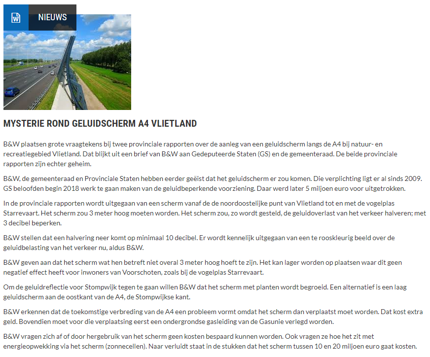 Nieuwsbericht 3 december 2020 op Vlietnieuws over Mysterie rond geluidscherm A4 Vlietland