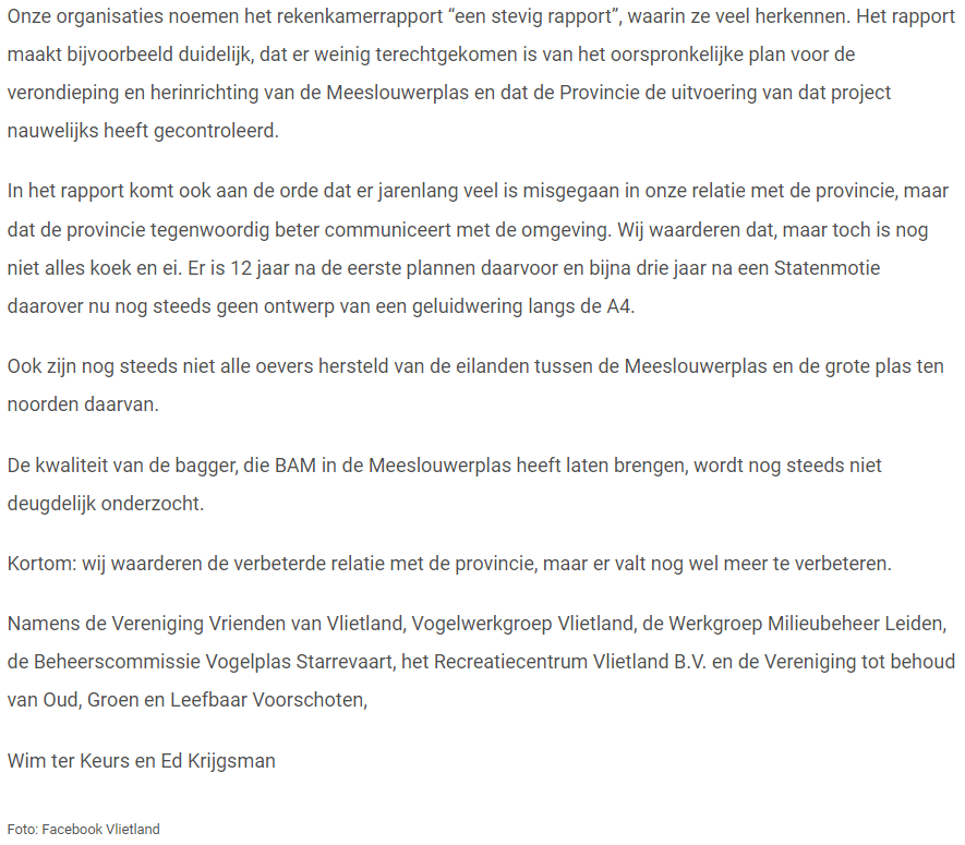 Nieuwsbericht 6 december 2021 op website Voorburgs Dagblad over Reactie op rapport over de Meeslouwerplas 