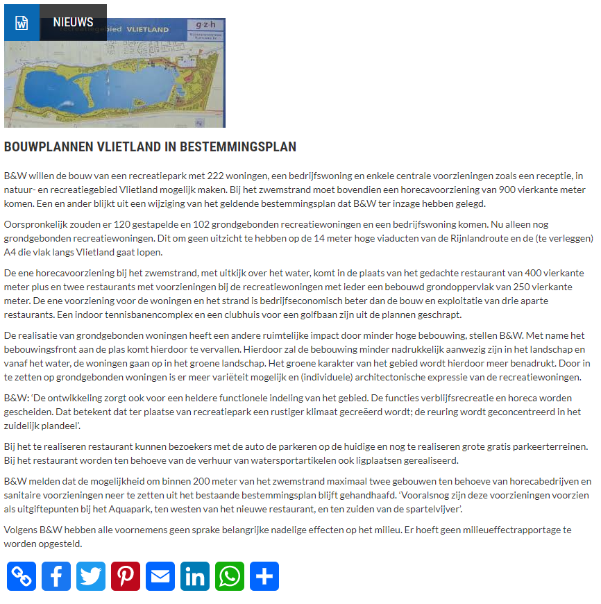Nieuwsbericht 15 mei 2022 op Vlietnieuws over Bouwplannen Vlietland in bestemmingsplan
