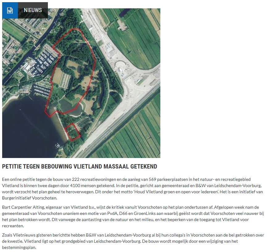 Nieuwsbericht 10 juli 2022 op Vlietnieuws over Petitie tegen bebouwing Vlietland massaal getekend (1)