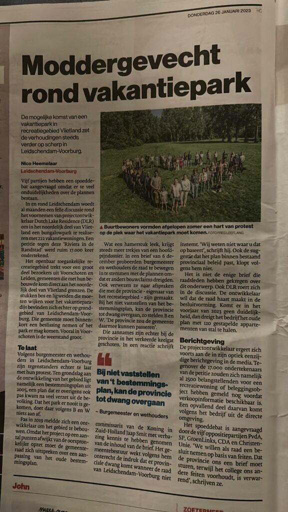 Artikel 26 januari 2023 in Algemeen Dagblad over Moddergevecht rond vakantiepark