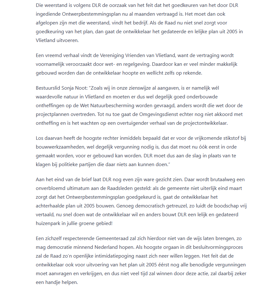 Nieuwsbericht 21 januari 2023 op Voorschotense Krant over Vrienden van Vlietland Raad krijgt ultimatum
