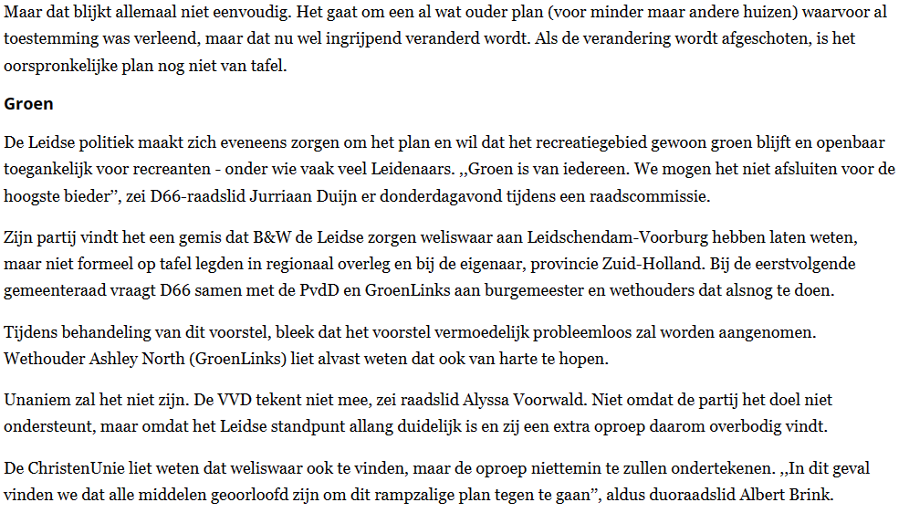 Nieuwsbericht 17 februari 2023 op Leidsch Dagblad over Leiden binnenkort officieel bezorgd om bebouwing recreatiegebied Vlietland